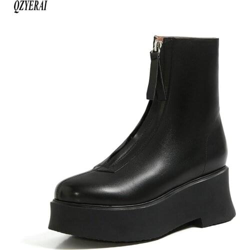 QZYERAI 2020 New style Genuine leather Female boots Womens boots cowhide The bottom of the thick Autumn and winter Women shoes