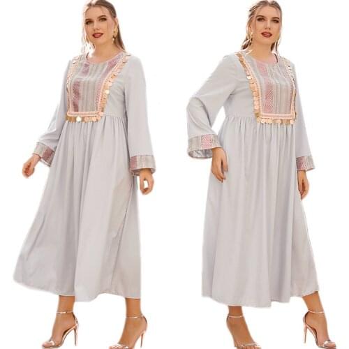 Plus Size Muslim Women Long Dress Sequins Elegant Arab Maxi Robe Gown Middle East Dubai Female Casual Loose O-neck Spring Autumn