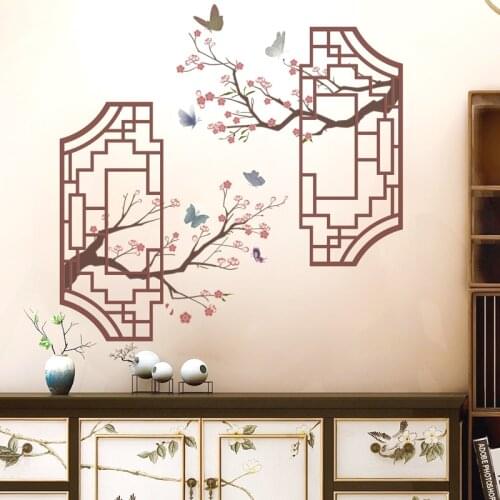 [shijuekongjian] Plum Flowers Plants Wall Stickers DIY Ancient Windows Wall Sticker for Living Room Kitchen House Decoration