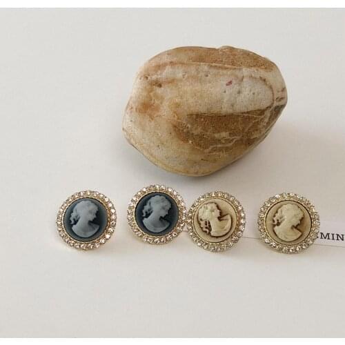 TIMEONLY Retro Coin Portrait Bling Bling Rhinestones Stud Earring for Women Lady Golden Black Color Metal Earrings Korean Style