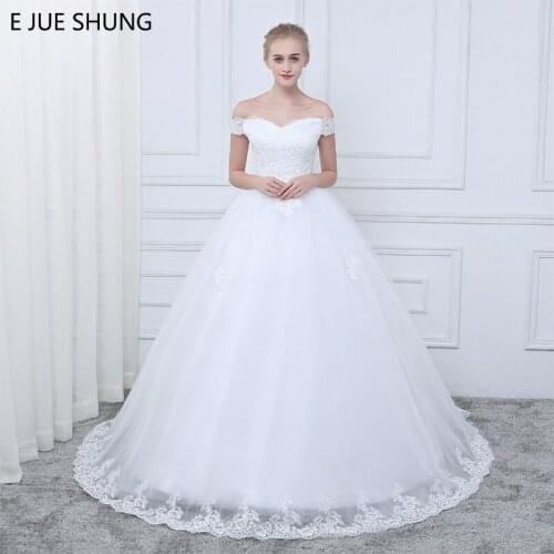E JUE SHUNG White Vintage Lace Appliques Cheap Wedding Dresses Off The Shoulder Short Sleeves Wedding Gowns trouwjurk