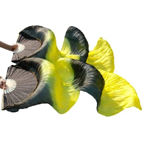 High Quality 100% Silk Belly Dance Fans Dance Performance Real Silk Left+right hand fan 180*90cm Black+Yellow+Black+Yellow color