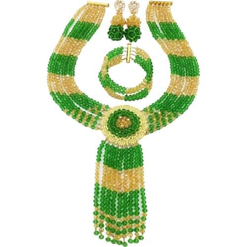 Green Champagne Gold AB Crystal African Necklace Nigerian Beads Jewelry Set for Women 6CXLS08