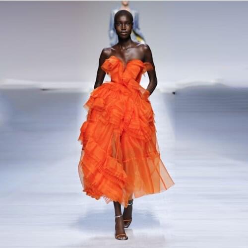 High End Orange Ruffles Draped Tulle Mid Calf Women Dresses Christmas Party Dresses 2021 Sweetheart Lace Up A-line Prom Gowns