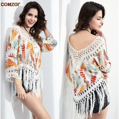 2017 Women summer v neck t shirt beach bikini cover up women crochet tassel knitting tops sexy hollow out tee shirts femme