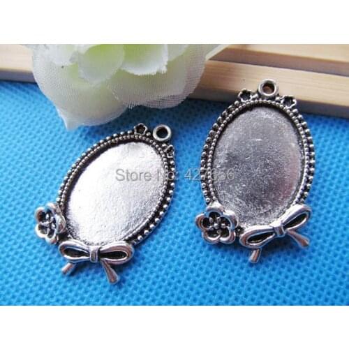 30pcs Antique Silver/Antique Bronze Oval Base Setting Tray Bezel Pendant Charm/Finding,Flower Bowknot,18mmx25mm Cabochon/Cameo