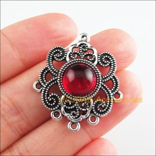 5 New Flower Charms Red Glaze Round Connectors Tibetan Silver Tone 27.5x31.5mm