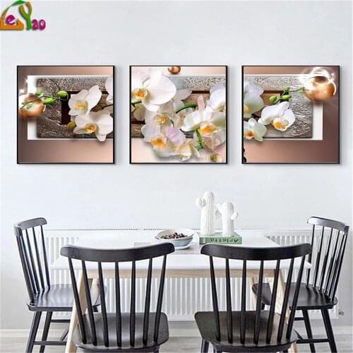 5d full diamond painting abstract orchid mosaic embroidery cross stitch flower Triptych Picture for living room home decor art