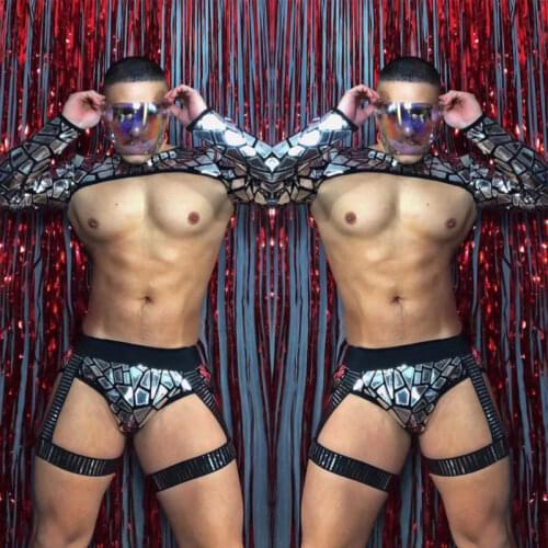 Bar Nightclub Male Singer Black Cloak Stage DS theme Costumes Halloween wear Sexy 3d Print Fake Muscle Tattoo jumpsuits
