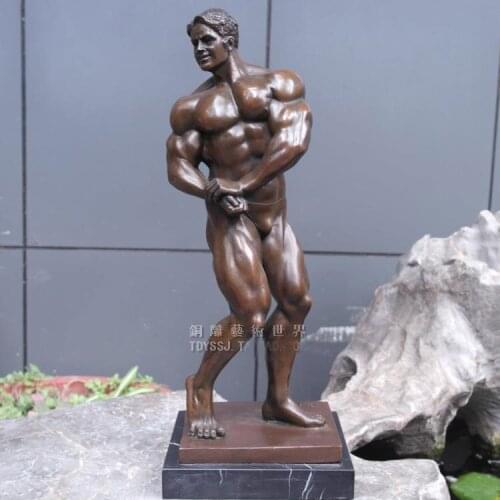 40CM LARGE HOME OFFICE LIVING ROOM WINE BAR TOP COOL ORNAMENT ART MAN MALE ART FITNESS BRONZE CARVING ART SCULPTURE STATUE