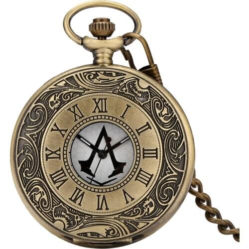 Classic Roman Numbers Engraving Half Hunter Quartz Pocket Watch Charm Display Round Dial Necklace Watch Fob Clock Gift Men Women