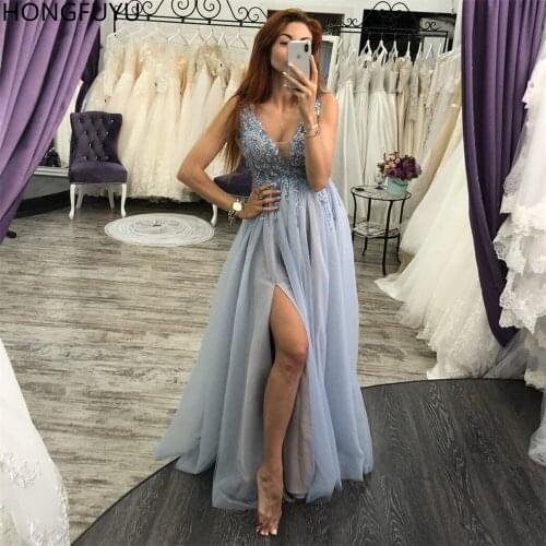 HONGFUYU A-line Sleeveless Dresses Woman Party Night Prom Dress Sheer Deep V neck Appliques Beading Evening Dresses Long Slit