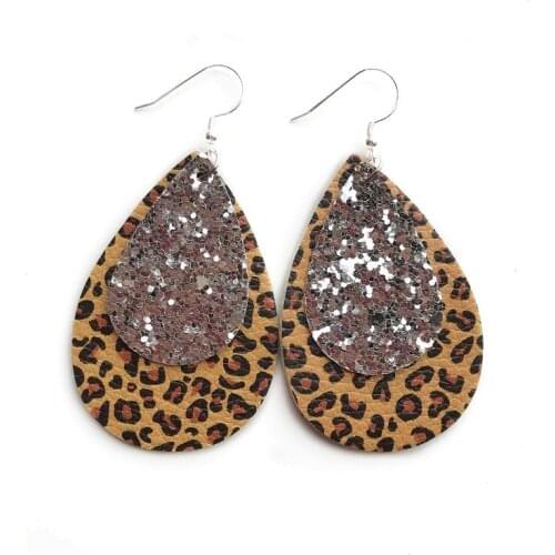 Double Layer Glitter Gold Leopard Print Leather Teardrop Earrings Animal Print Large Statement Leather Earrings Valentines Day