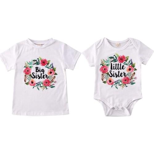 Big Little Sister Matching Top T-shirt Kid Baby Girl Boys Clothes Flowers Letter Print Short Sleeve Romper/T Shirts
