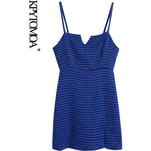 KPYTOMOA Women 2021 Fashion Tweed Front Slit Hem Mini Dress Vintage Backless Zipper Thin Straps Female Dresses Vestidos Mujer