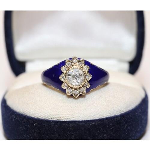 Pretty 14k Gold Old Style New Made Natural Diamond And Rose Cut Diamond Enamel Decorated Strong Solitaire Ring