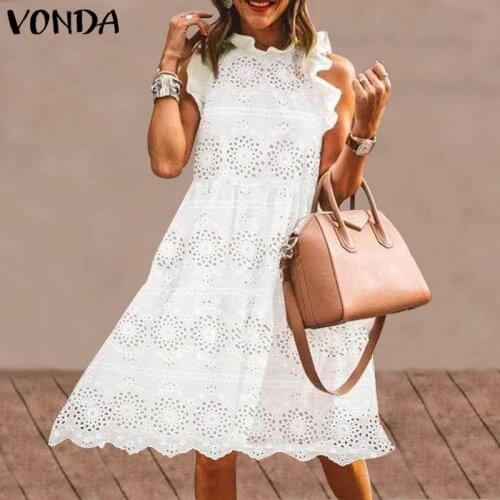 Lace Short Dress 2021 VONDA Women Summer Dress Bohemian Sexy Ruffles Sleeve Hollow Party Vestidos Bech Sundress Femme Robe