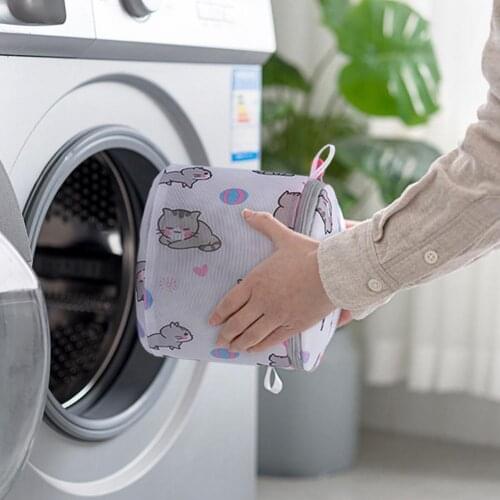 Laundry Bag Cartoon Cat Print Wear-Resistant Polyester Foldable Clothing Mesh Bag Household Supplies