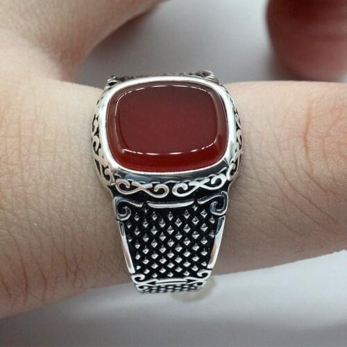Solid 925 Sterling Silver Mens Ring with Natural Red Agate Stone Square Signet Rings Turkish Handmade Vintage Punk Jewelry Gift