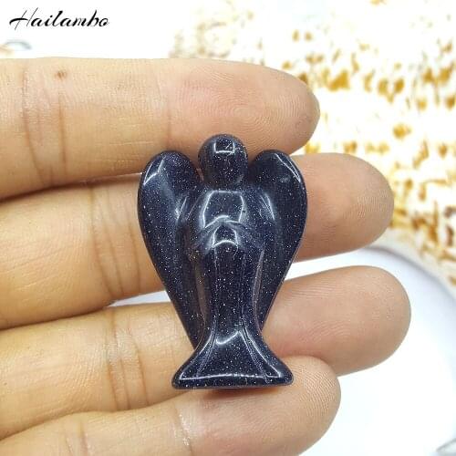 2020 New Arrival Hailambo Blue Goldstone Standing Angel Statue Bead Carved Angel Wing Figurine Pendant Classic Jewelry TS12A