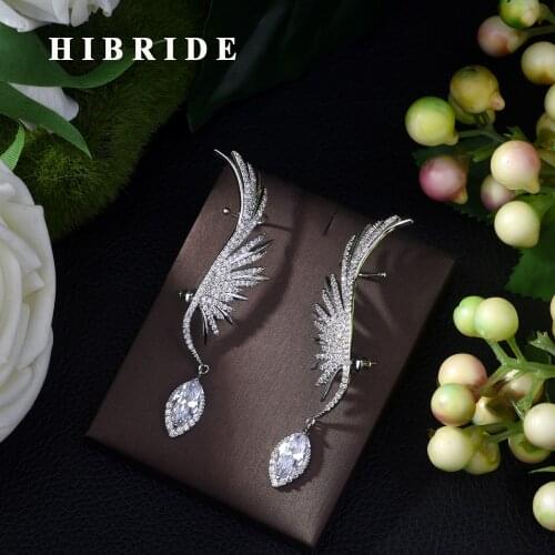 HIBRIDE Latest Fashion Feather Design Popular Luxury Iregular Geometry Drop Earring Full Cubic Zirconia Pave Earring BijouxE-439
