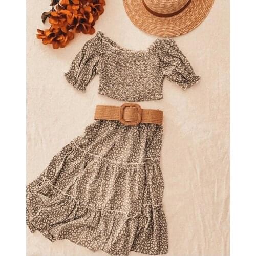 1-6Y Bohemian Kid Girl Clothes Sets Flower Off Shoulder T Shirt Ruffles Long Skirts With Belt Beach Holiday Clothes