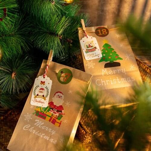 Christmas Advent Day Kraft Paper Bag Xmas Countdown Gift Candy Packaging Carton Stickers Tag 24 Sets