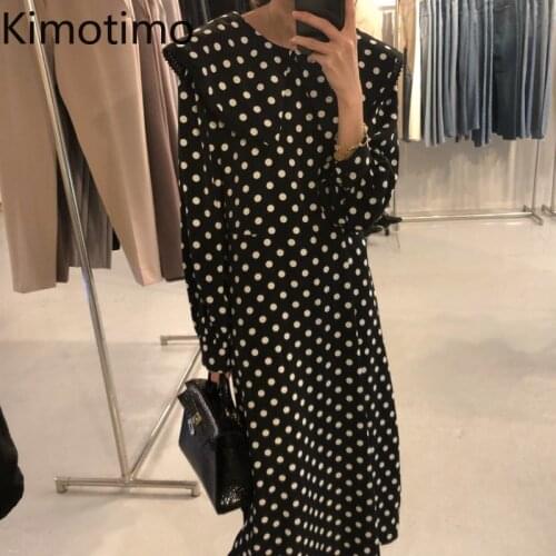 Kimotimo Polka Dot Dress Women Korean Chic Retro Turn-down Collar Patchwork Autumn Loose Office Ladies Full Sleeve Dresses Ins