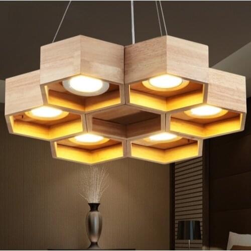 Modern Creative Honeycomb Wood Art Droplight LED Pendant Light Fixtures For Dining Room Hanging Lamp Lighting Lampara Colgante