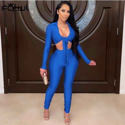 FQLWL Streetwear Bodycon 2 Two Piece Sets Women Summer Outfits Long Sleeve Bandage Crop Top And Pants Suits Blue Matching Sets