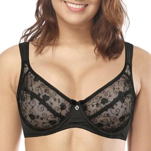 Yandw New Mesh Bras For Women B C D DD E F 75 80 85 90 95 100 Lace Embroidery Transparent Sexy Lingerie Ultra Thin Cup Bra