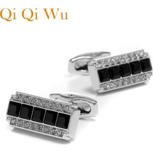 Black Crystal Suit Shirt Cuff links Buttons Mens Wedding Shirts Cufflinks Business Jewelry Gifts Silver Rhinestone Cufflink