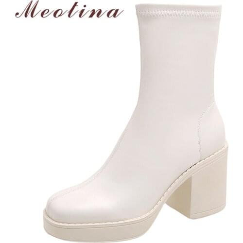 Meotina Women Genuine Leather Shoes Ankle Boots Round Toe Fashion Boots Zipper Thick High Heel Ladies Boots Autumn Black White