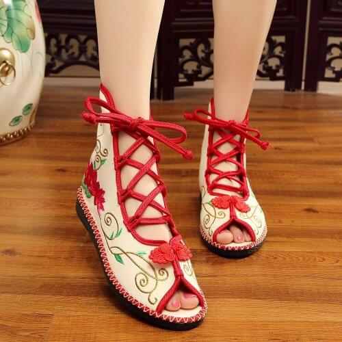 YourSeason Summer Super Light Ladies Canvas Gladiator Flat Shoes Peep Toe High Top Women Cotton Comfort Embroidered Sandals