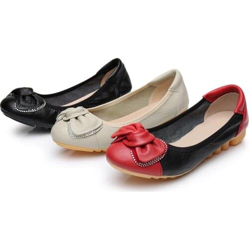 New Design Commuter shoes for work casual flat bottom Ladys genuine leather shoes bow round head soft bottom pea womens shoes