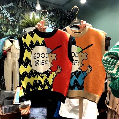 Women Knitted Vest Casual Pullovers Cartoon Letter Animal O-neck New Autumn Clothes Loose Young Ladies Women Vest CC389