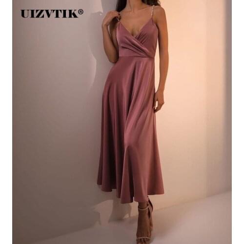 Summer Dress Women 2021 High Waist Solid Satin Pearl Tube Top Suspender Dress Elegant Backless Long Party Ball Gown Maxi Dresses