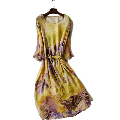 Women Summer Silk Dress O neck plus size Vintage Natural silk dresses Floral Elegant Dress Casual holiday real silk dress