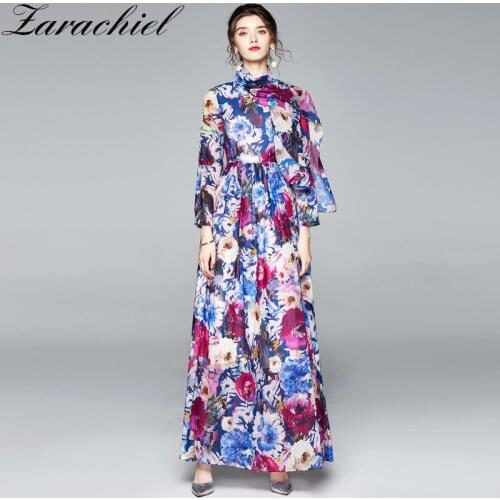 Autumn Fashion Runway Maxi Dresses Women Charming Floral Print Chiffon Boho Holiday Party Sashes Big Swing Long Dresses + Scarf