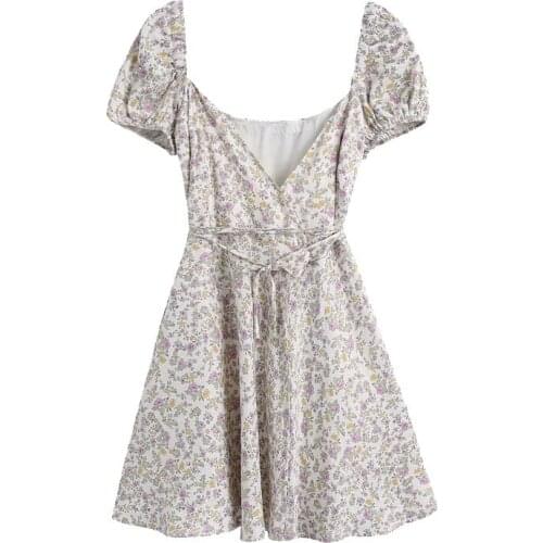 2021 New Women Chic Fashion With Belt Floral Print Wrap Mini Dress Vintage V Neck Puff Sleeve Female Dresses Vestidos Mujer