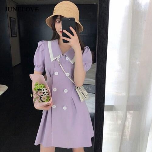 Luck A Summer A-Line Dress Vintage Elegant Double Layer Collar Sweet Puff Sleeve Dress Double Breasted Solid Slim Dress Vestidos