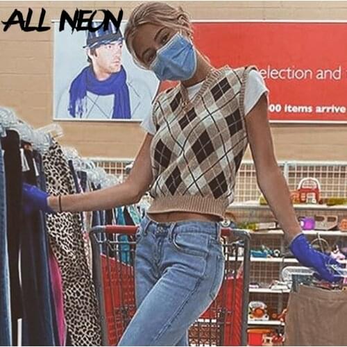 ALLNeon Y2K Aesthetics Argyle Plaid Sweater Vest Vintage Sleeveless Knitted Tank Tops Autumn Preppy Style Pullovers 90s School
