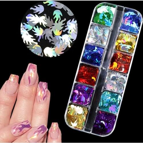 12Grids Laser Fire Flame Nail Art Glitter Flakes Holographic Mixed Color 3D Decoration New Years Sequins Slice Accessories