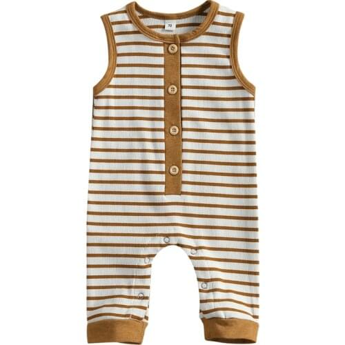 2021 Summer Newborn Infant Baby Boys Girls Clothes Sleeveless Button Rompers Stripe Print Jumpsuit Overalls Outfits 0-18M