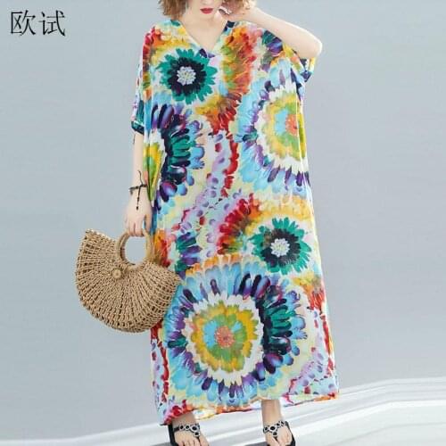 Plus Size 2020 Summer Boho Dress Women 4XL 5XL 6XL Sunflower Print Floral Dresses Cotton Linen Bohemia Maxi Long Oversized Dress