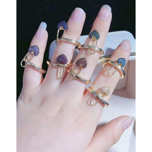 5Pcs Womens Fashion Gold Color Colorful Heart Open Adjusable Zirconia Pave CZ Party Rings
