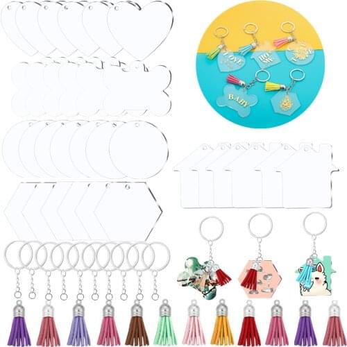 60Pcs Clear Acrylic Keychain Blank Pendant Circle Discs Set Heart Dog Bone Leather Tassel Pet Hanging Kit For DIY Jewelry Making