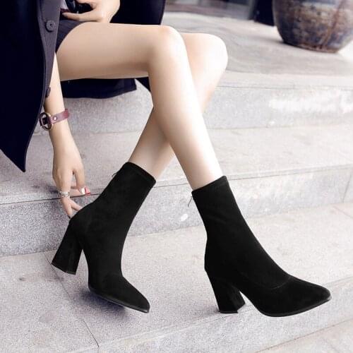 New Autumn Women Boots Yarn Elastic Ankle Boots Pointed Toe Thick Heel High Heels Shoes Woman Female Socks Boots Plus size 32-43