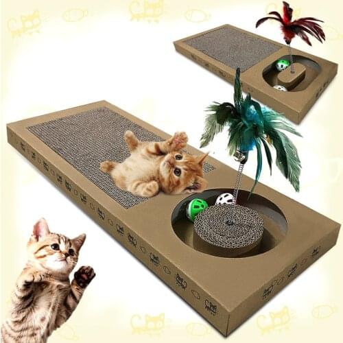 Interesting Cat Toy Scratch Board Lounge with Teaser Stick Bell-Ball Entertainment Cat Turntable Bed for Pet Cats Turntable