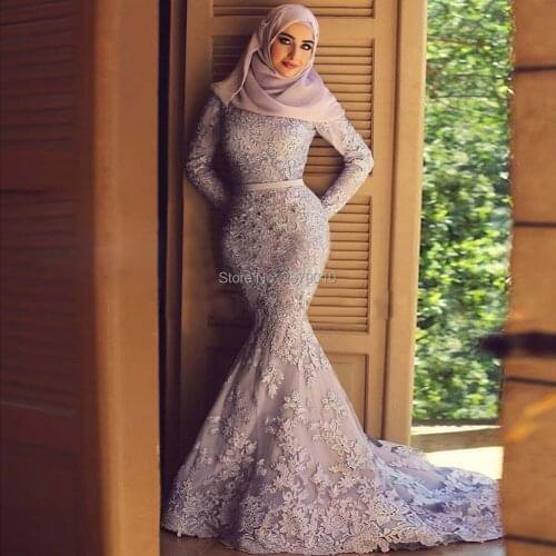 Islamic Elegant Mermaid Evening Dress Long Sleeves Floor-Length Applique Women Dress Prom Party Dress Muslim Hijab Scarf Cape